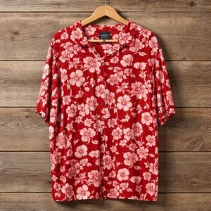 George 3XL (54-56) Floral Print Button Down Rayon GE Camp Shirt Hibiscus Print